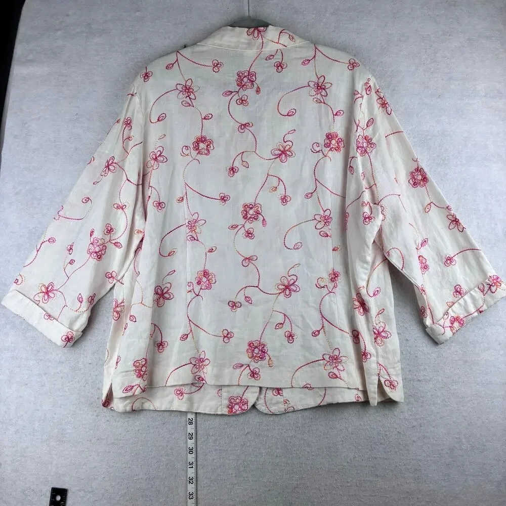 Sarah Spencer 100% Linen 3/4 Sleeve Button Up Blouse Women 2X Floral Whimsy READ